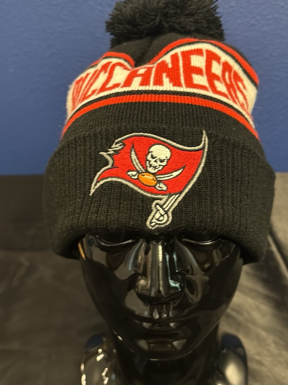 Officially licensed Tampa Bay Buccaneers Cuffed Knit Beanie Hat with a Pom-Pom
